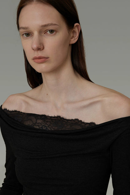 レースステッチワンショルダースリムトップス　B4195