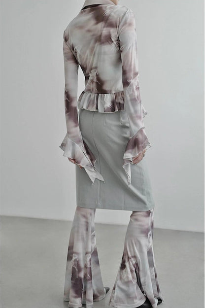 蝴蝶印花腰部荷葉邊襯衫 B4257