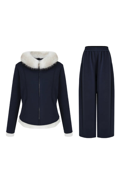 Fur collar fake two-piece top and cropped pants set B4511