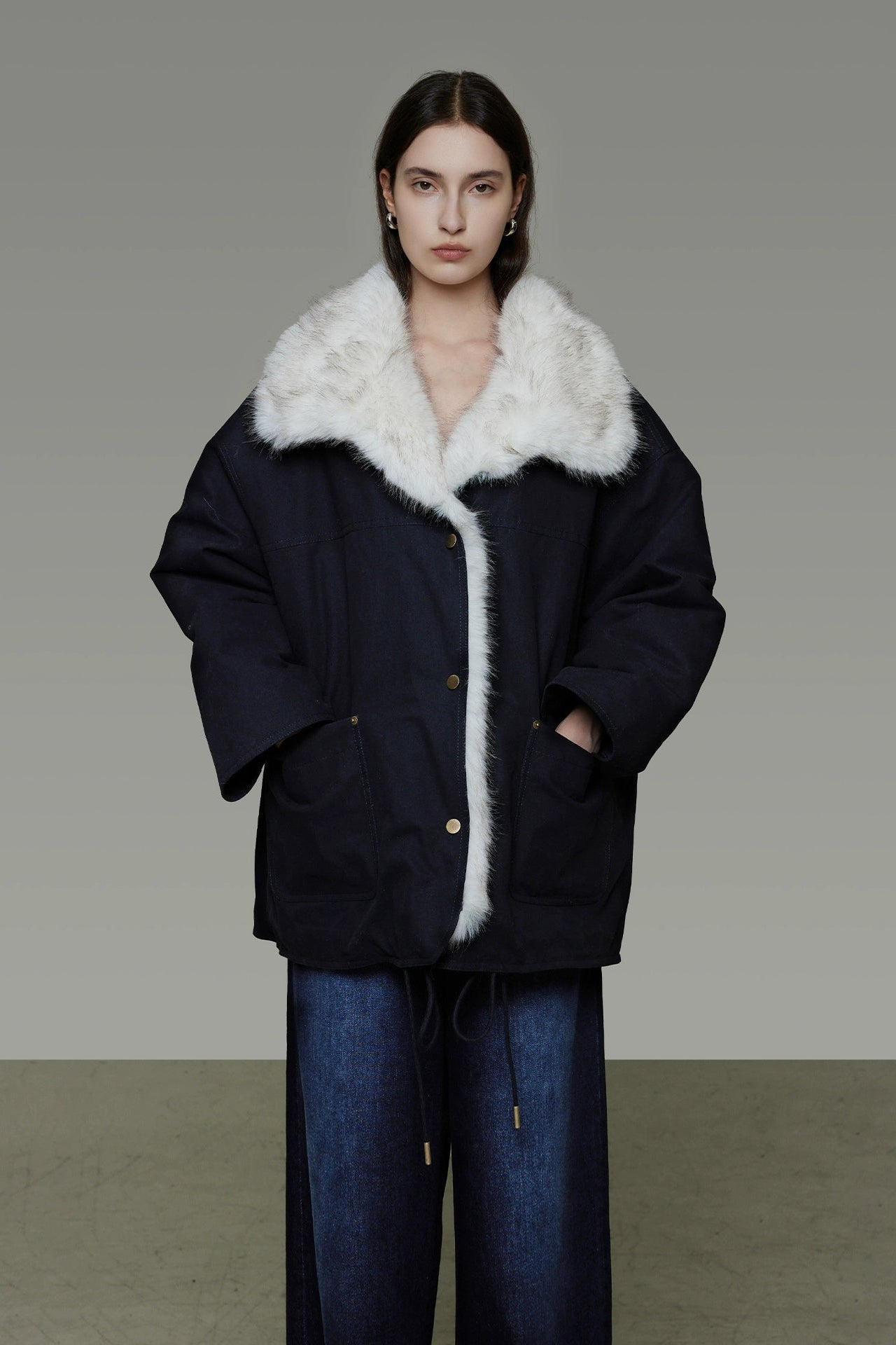 人造毛皮可拆式領加厚外套 B4492