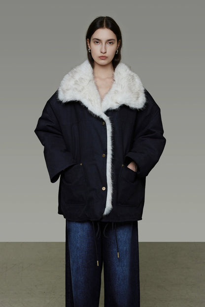 人造毛皮可拆式領加厚外套 B4492