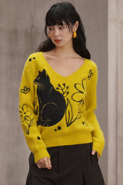 黒猫刺繍イエローラビットファー混セーター　B4451