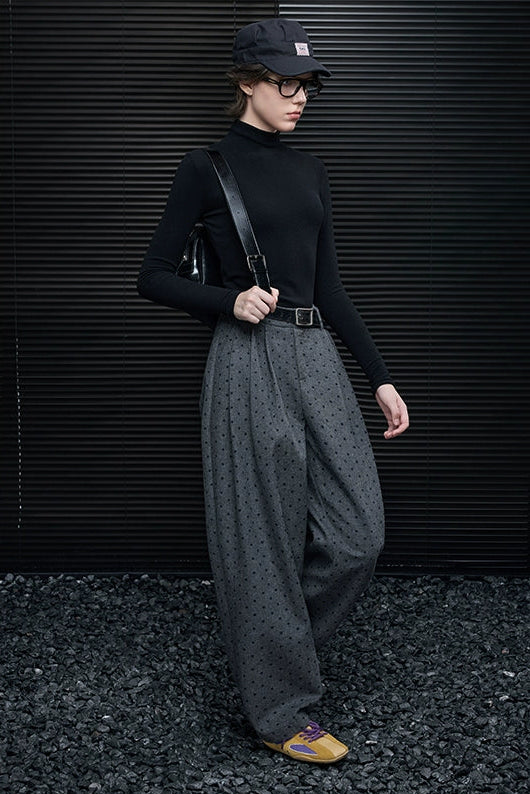 Gray polka dot wool blend wide pants B4422