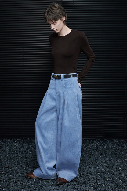 Blue corduroy lazy style wide pants B4372