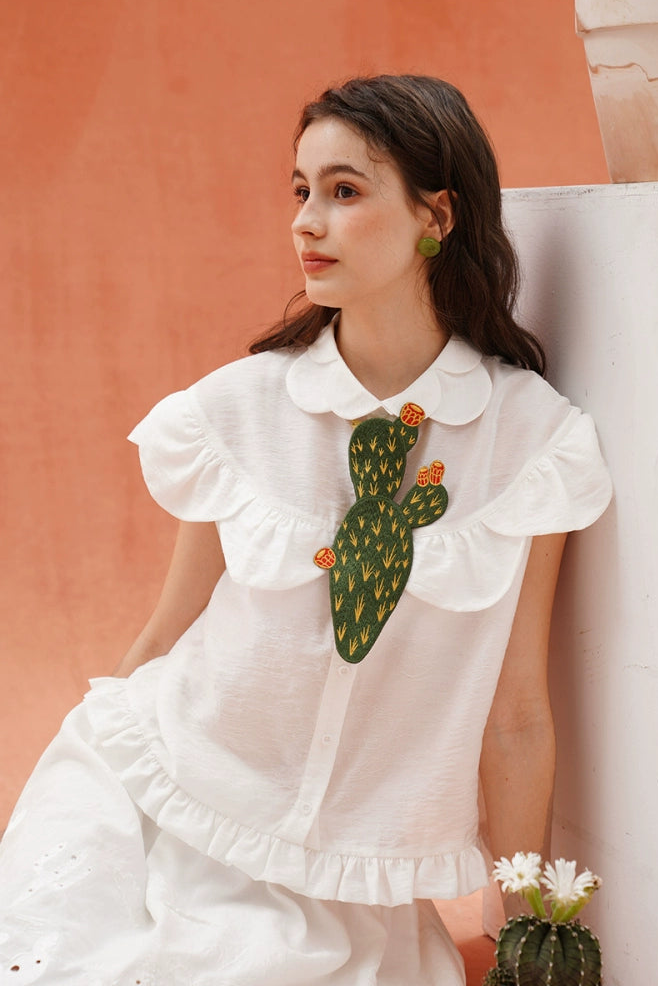 ヴィンテージグリーンサボテン刺繡ネクタイ　B3926