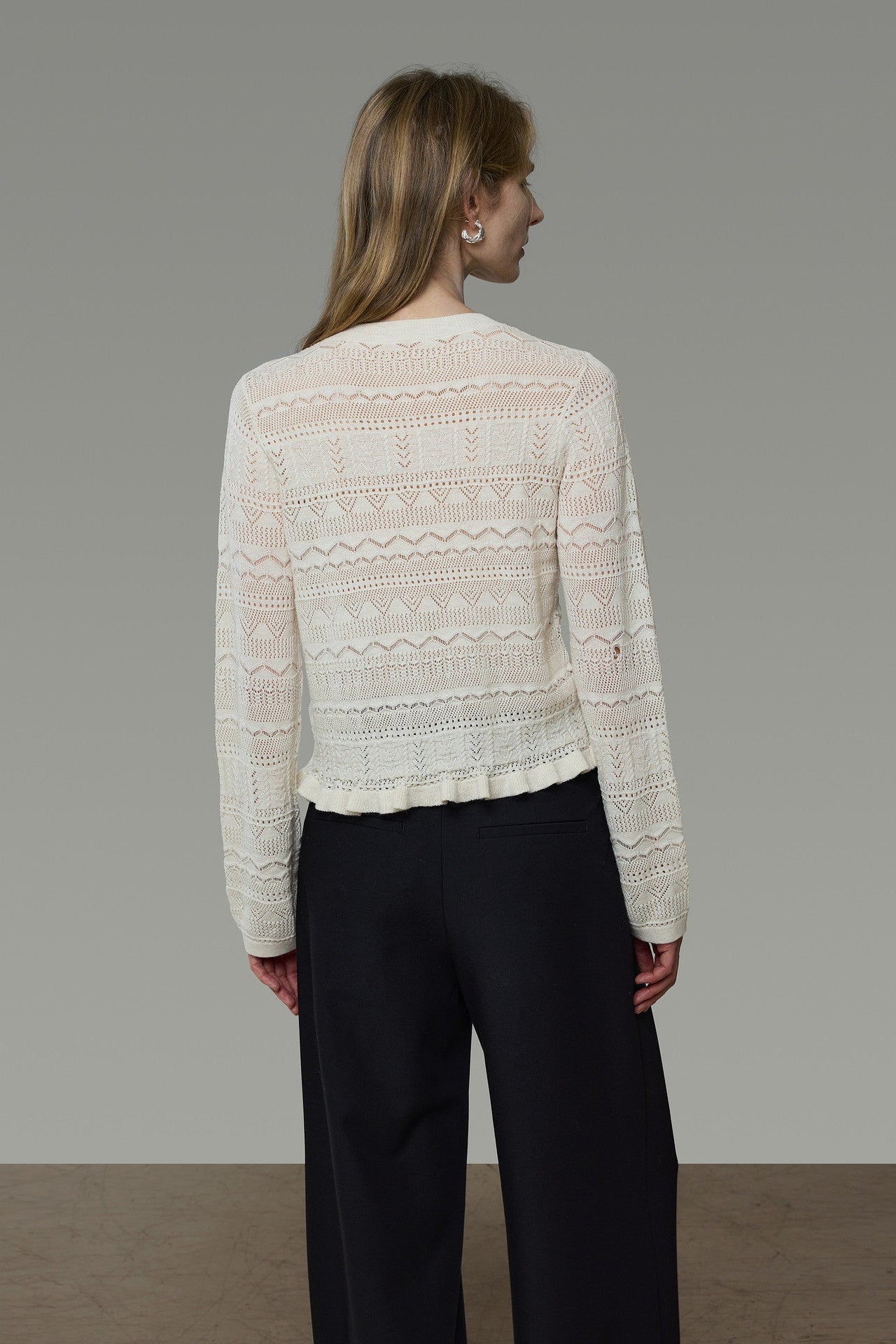Openwork Jacquard Wave Hem Knit Cardigan B4939