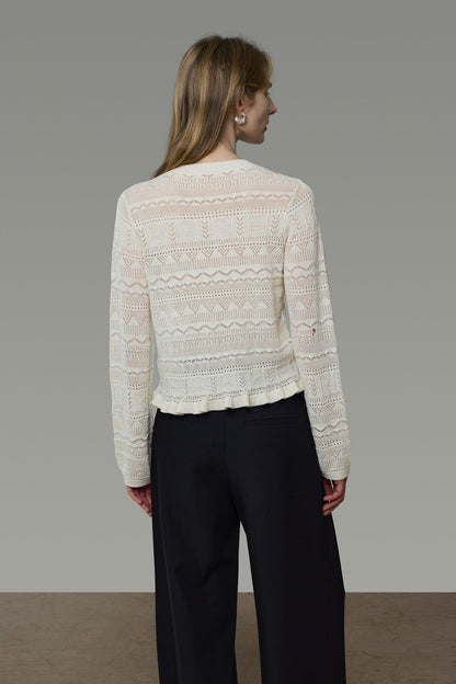 Openwork Jacquard Wave Hem Knit Cardigan B4939