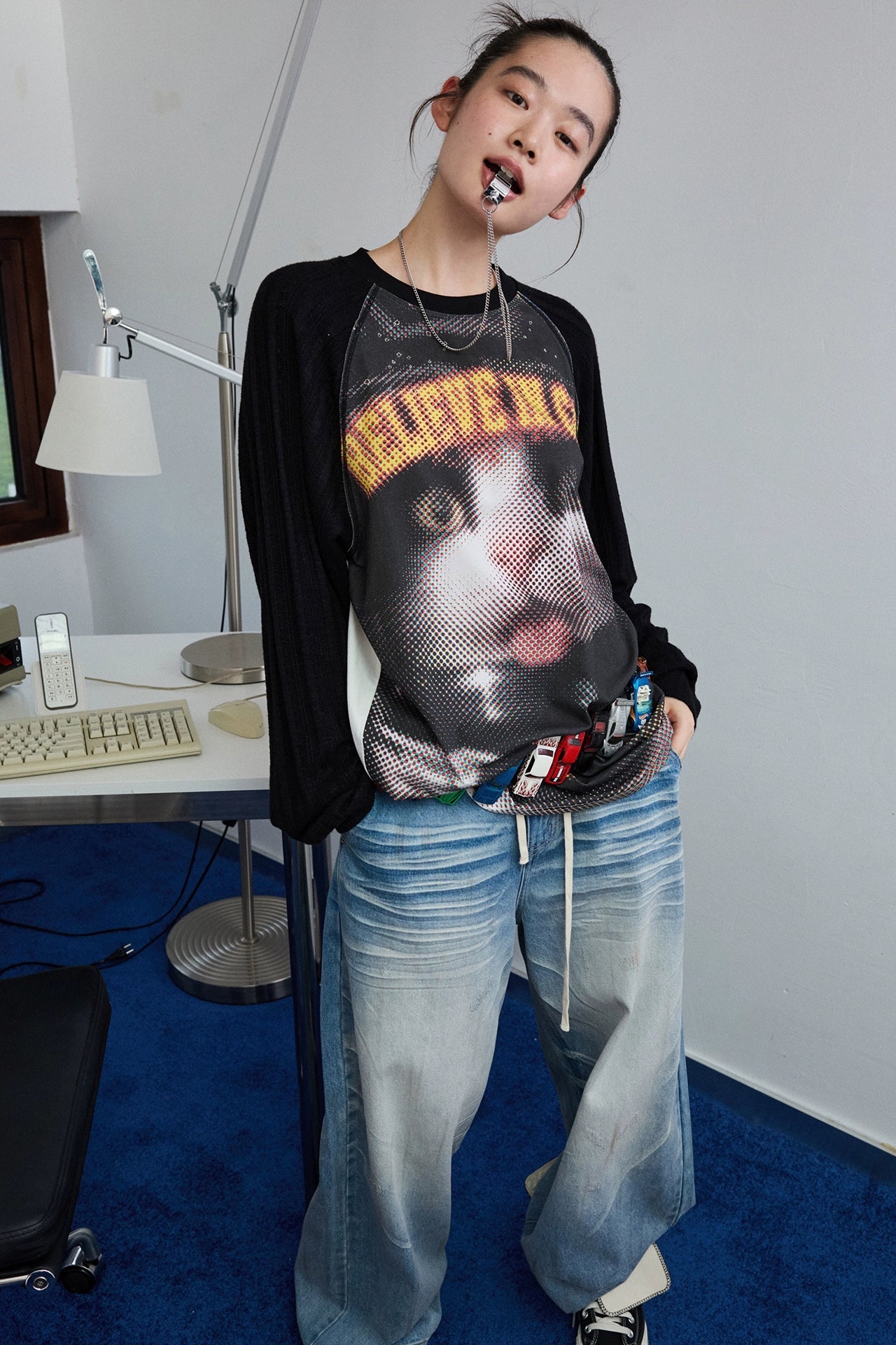 Biker Cat Print Raglan Sleeve T-Shirt B4319