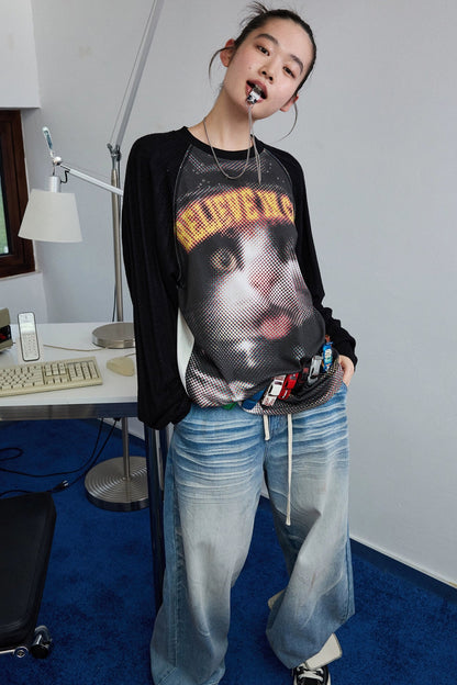 Biker Cat Print Raglan Sleeve T-Shirt B4319