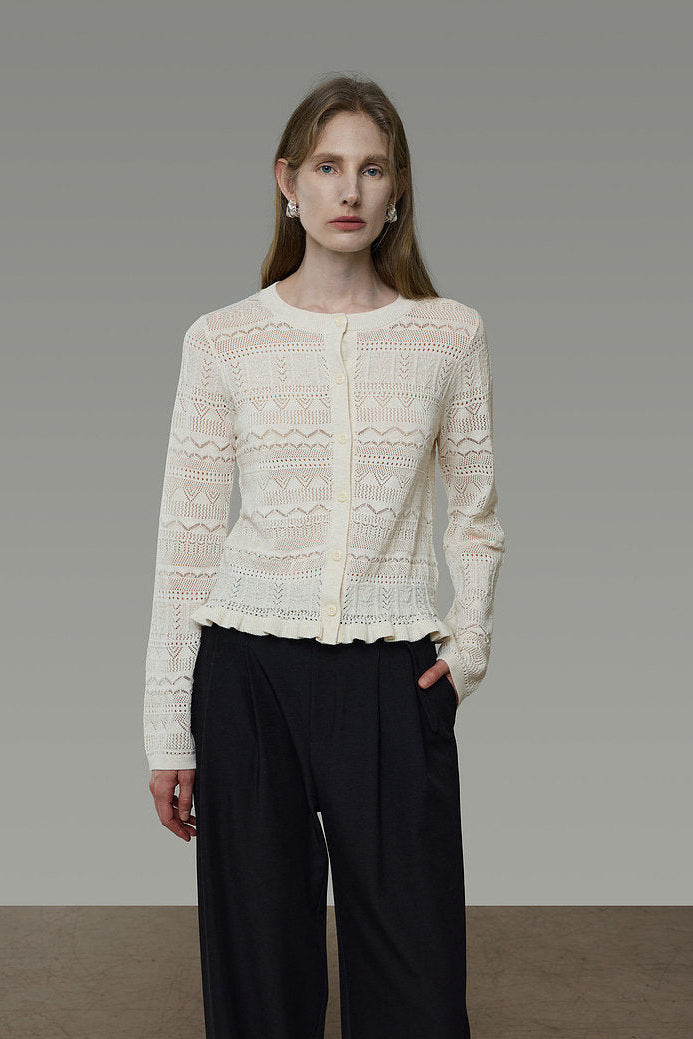 Openwork Jacquard Wave Hem Knit Cardigan B4939