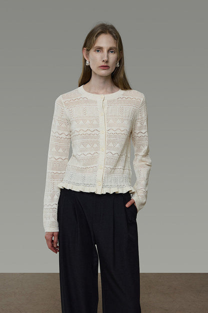 Openwork Jacquard Wave Hem Knit Cardigan B4939