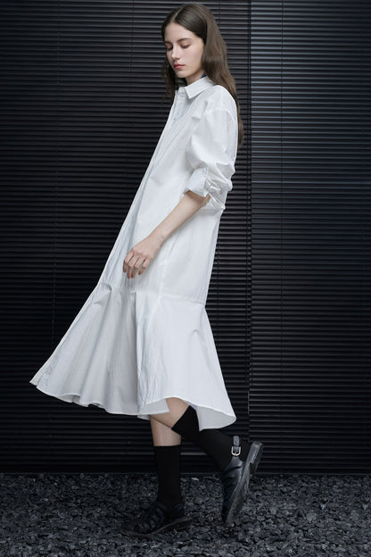 White mid-length polo collar shirt dress B4640