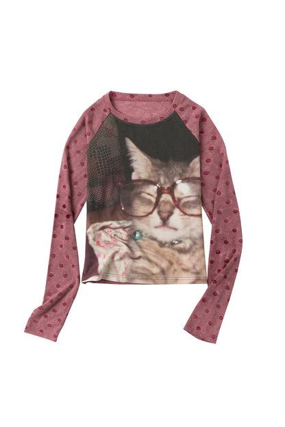 キャットレトロフロック加工ドットTシャツ　B4593