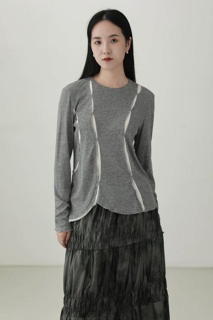 Irregular contrast color long sleeve T-shirt B4277