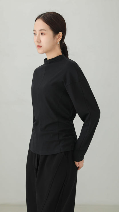 Bottleneck Side-Shirring Drape Long Sleeve T-Shirt B5001