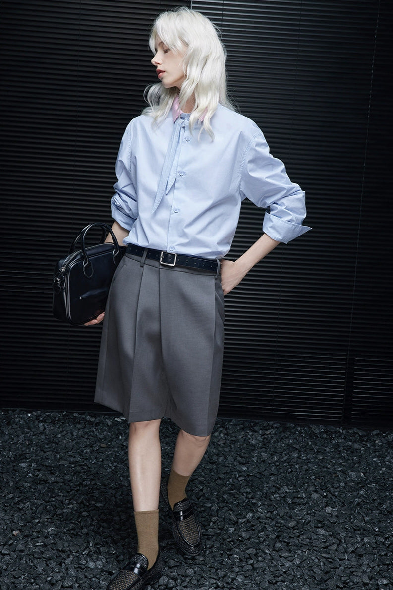 シャローブルーピュアコットンリボンシャツ　B4238