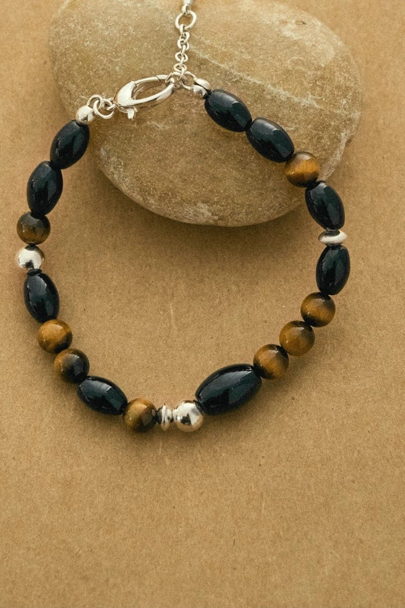 S925タイガーアイ ブラックアゲートブレスレット　B4287