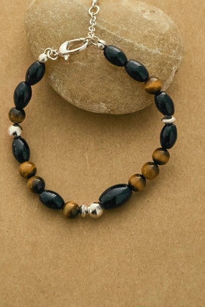S925タイガーアイ ブラックアゲートブレスレット　B4287