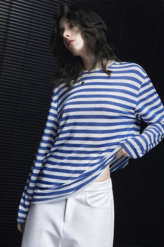 ストライプシンプルルーズ長袖Ｔシャツ　B4690