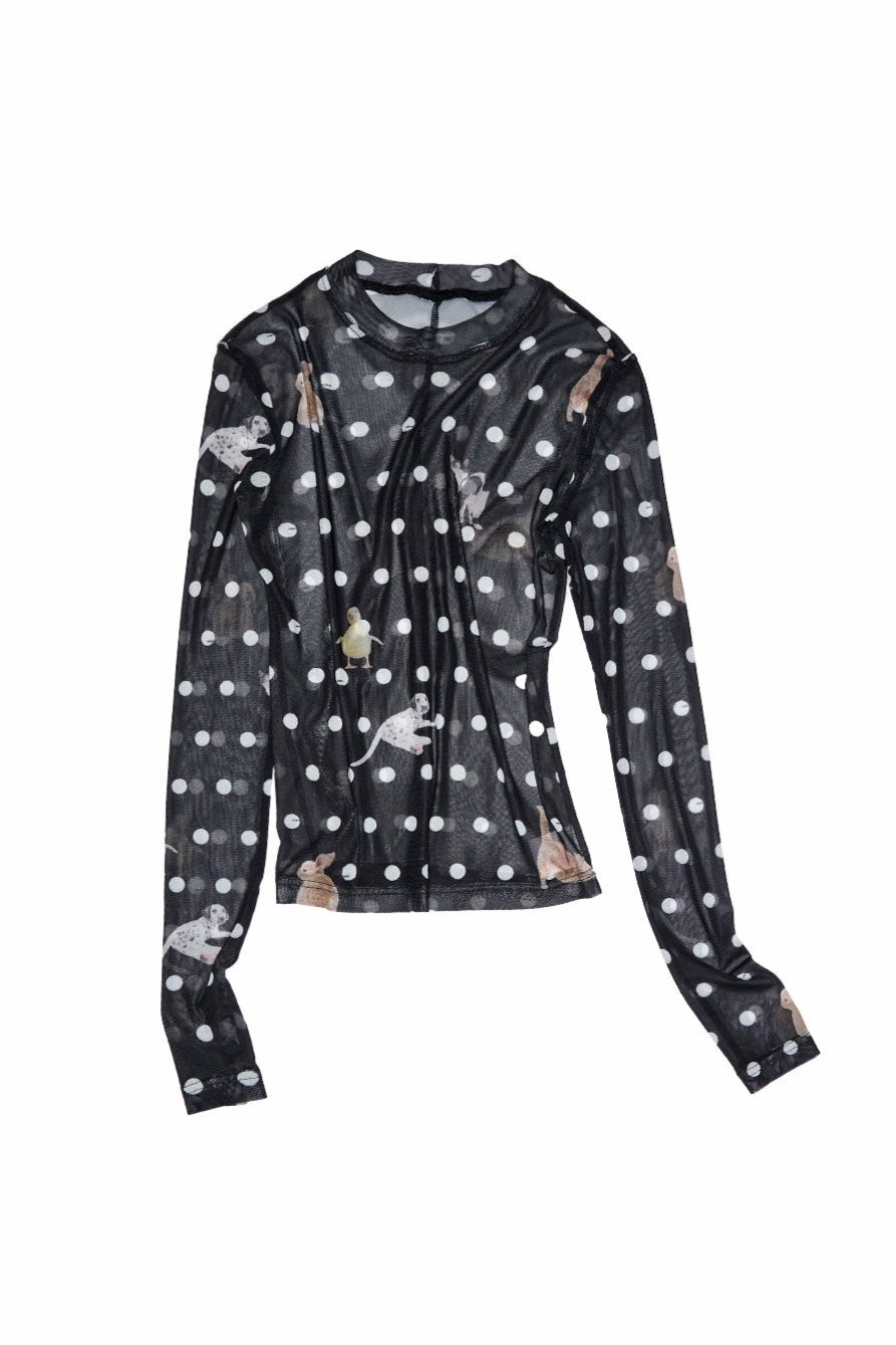 Cat &amp; Dog Dot Print Mesh Shirt B4322
