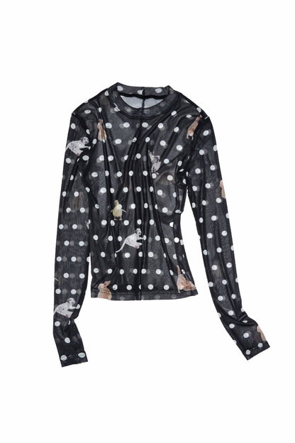 Cat &amp; Dog Dot Print Mesh Shirt B4322