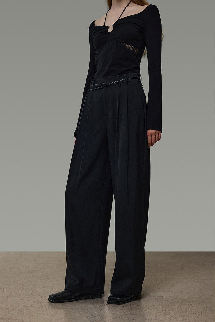 Black High-Waisted Double Tuck Wide Pants B4936