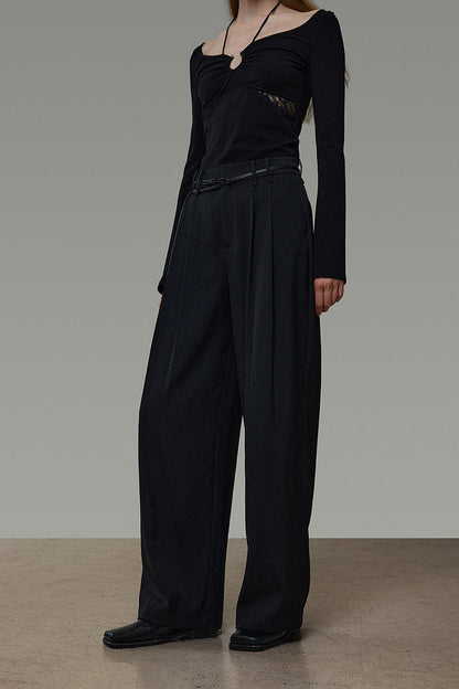 Black High-Waisted Double Tuck Wide Pants B4936