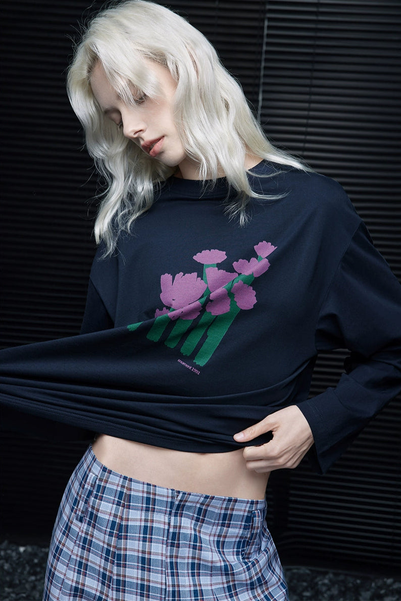 ネイビーブルーコットンプリントTシャツ　B4221