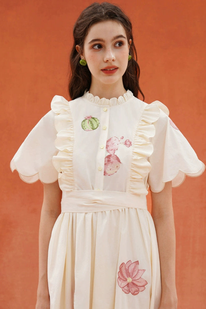 サボテンプリントスカラップフレンチヴィンテージ刺繡ドレス　B3932