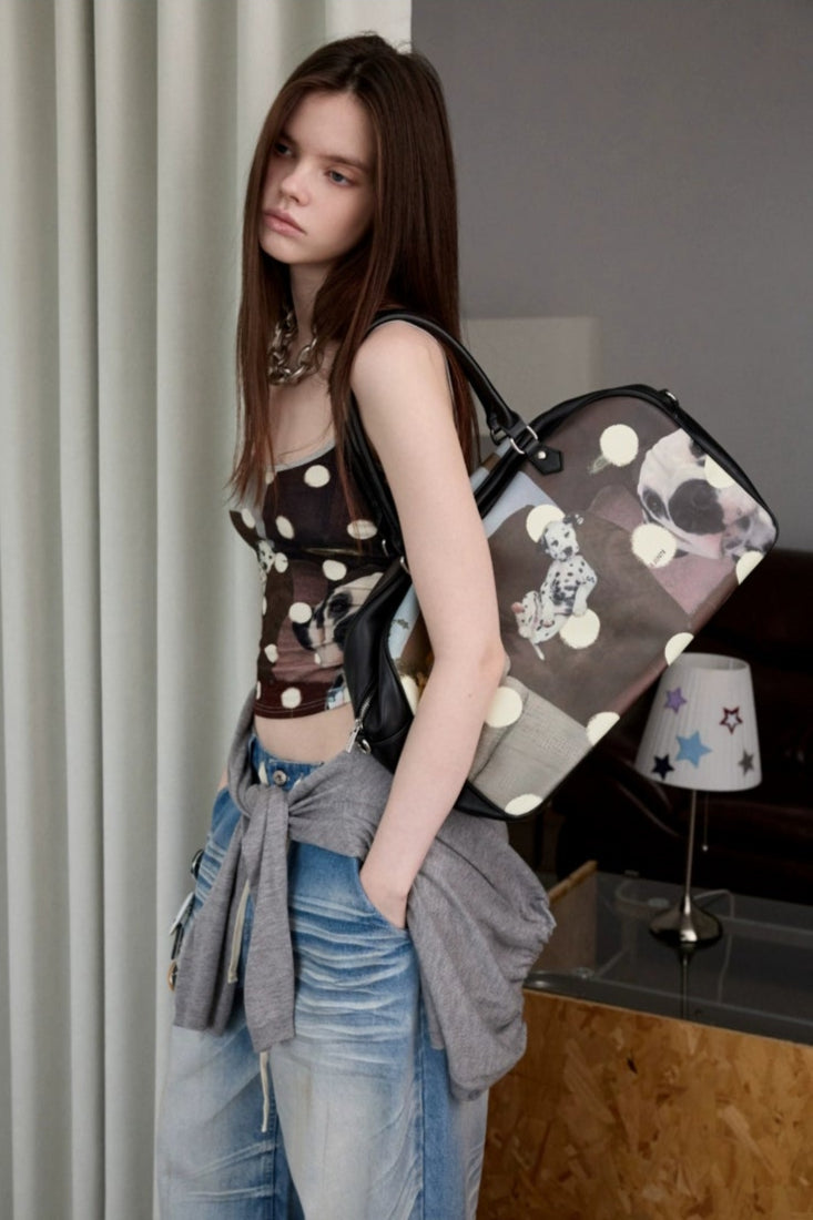 レトロキャット＆ドッグプリントボストンバッグ　B4321