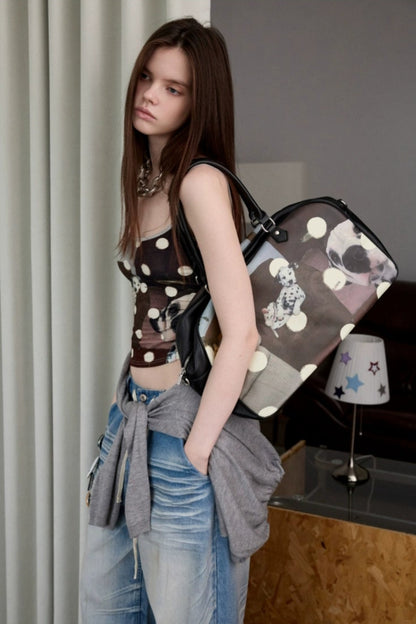 レトロキャット＆ドッグプリントボストンバッグ　B4321