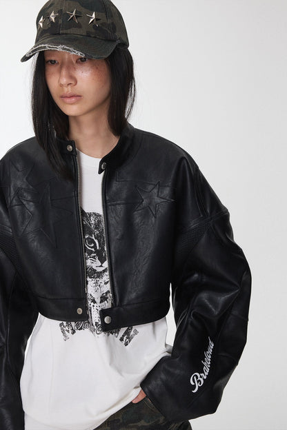 レタープリントフェイクレザーライダースクロップドジャケット　B4390