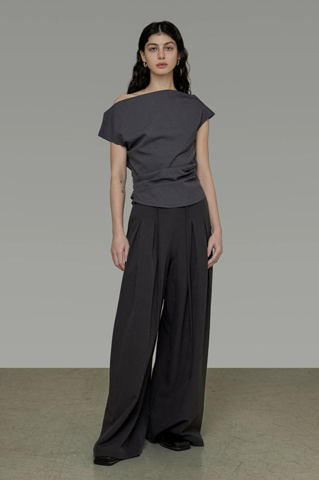 Lace-up double-pleated wide pants B4302