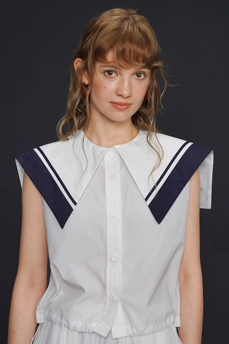 Marine sailor collar sleeveless top, skirt and suit B4155