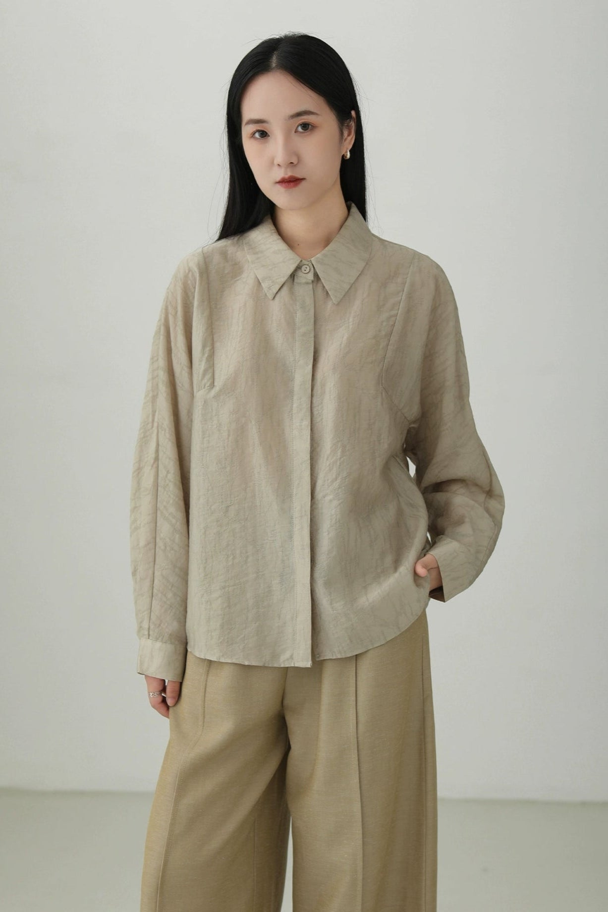 天絲提花寬鬆長袖襯衫B4269