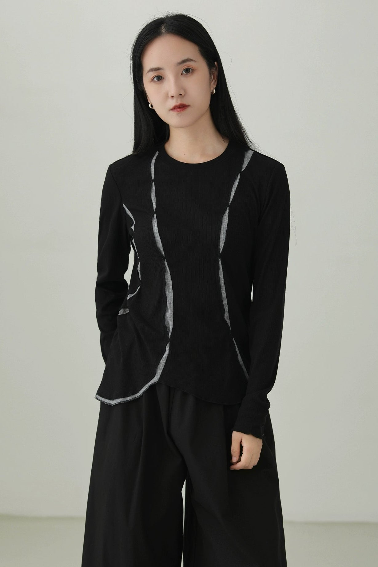 Irregular contrast color long sleeve T-shirt B4277