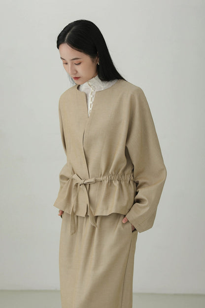 Tencel linen drawstring waist jacket B4281