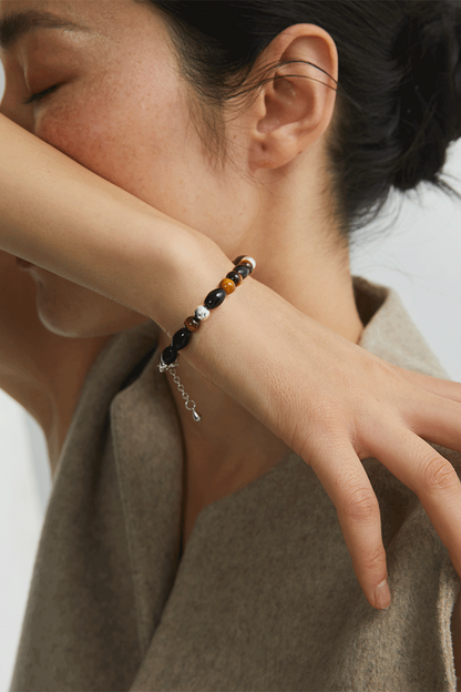 S925タイガーアイ ブラックアゲートブレスレット　B4287