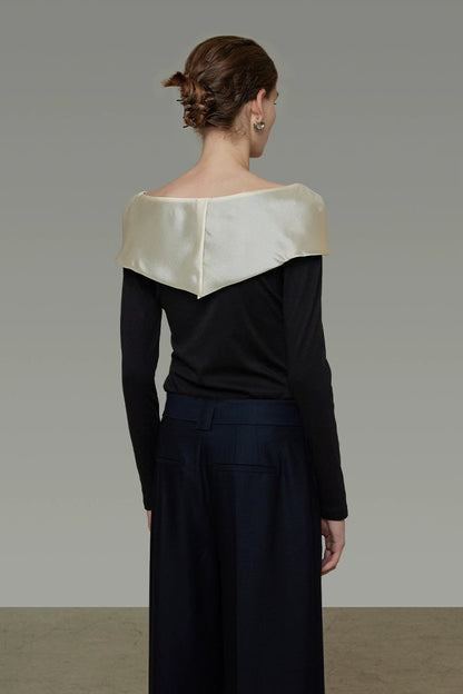 Satin patchwork off-shoulder knit top B4438