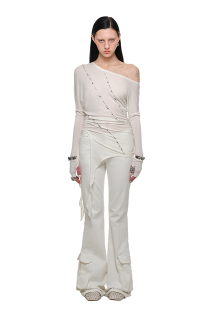 大口袋水洗帆布復古喇叭褲 B3792