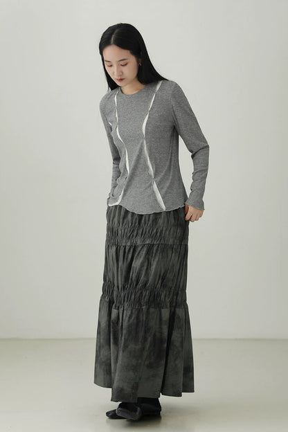 Irregular contrast color long sleeve T-shirt B4277