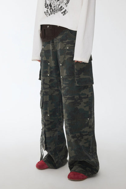 Camouflage Wash Multi-Pocket Cargo Wide Pants B4388