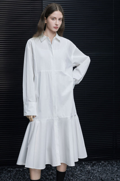 White mid-length polo collar shirt dress B4640