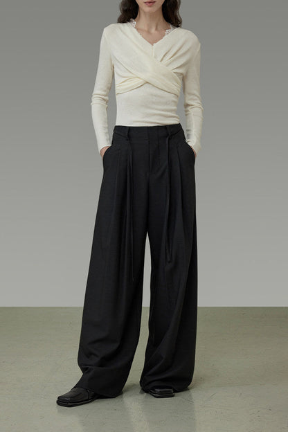 Black Lace-Up Pleated Wide-Leg Pants B4913