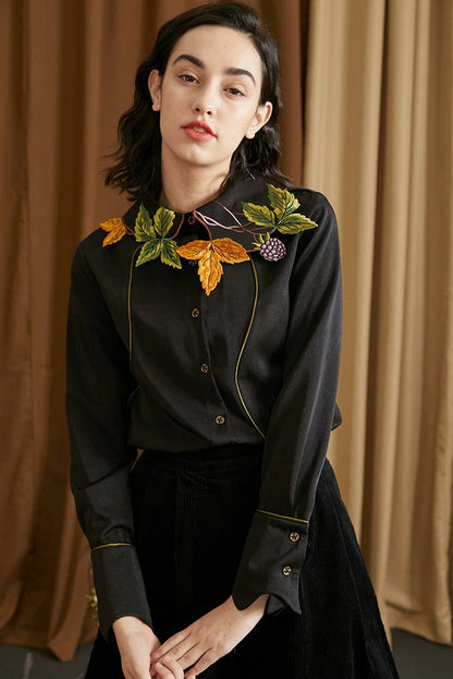 葉子和漿果刺繡領襯衫 B4459