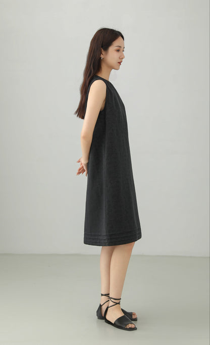 Linen Blend Jacquard Sleeveless Midi Dress B4891