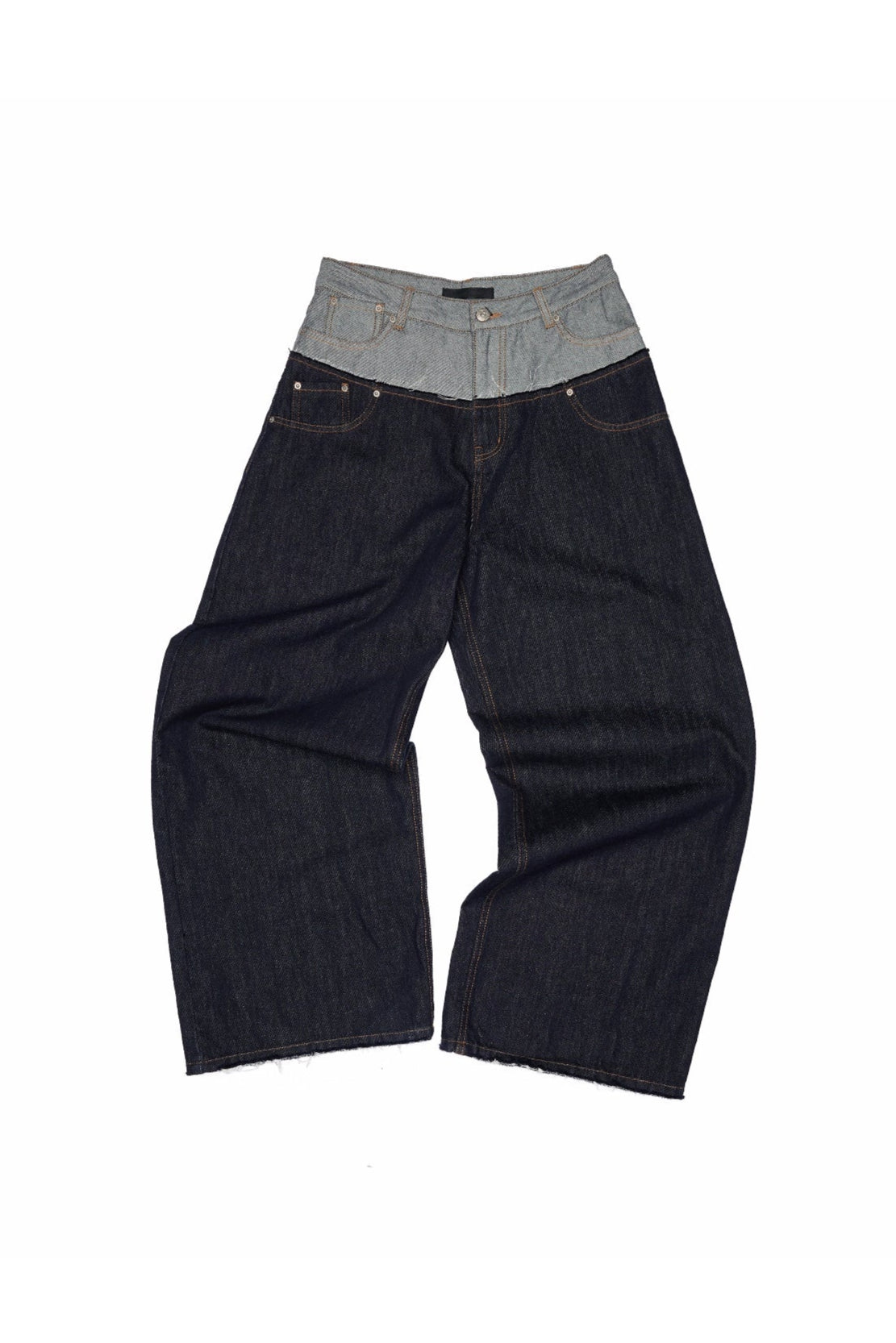 Cow double waist splice embroidered wide jeans B4318