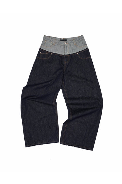 Cow double waist splice embroidered wide jeans B4318