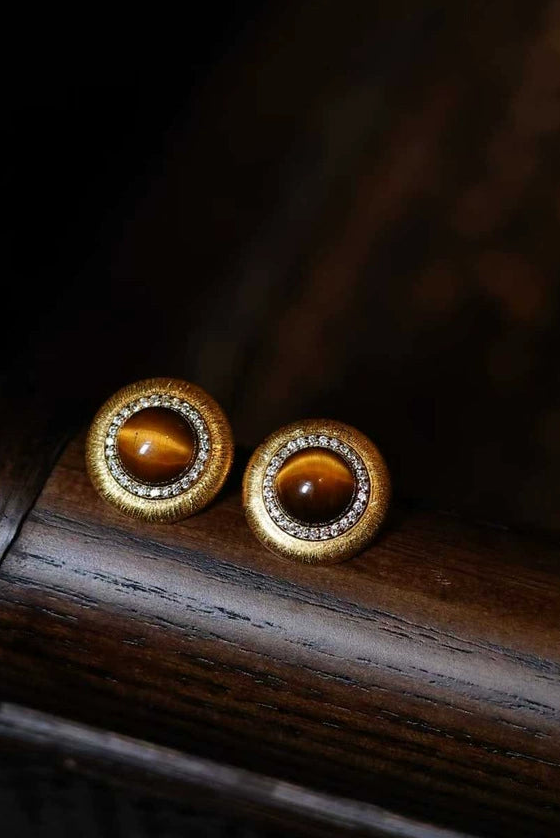 S925天然タイガーアイスタッドピアス　B4386