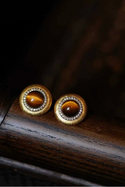 S925天然タイガーアイスタッドピアス　B4386